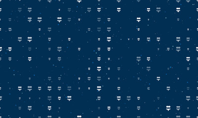 Seamless background pattern of evenly spaced white bikini symbols of different sizes and opacity. Vector illustration on dark blue background with stars