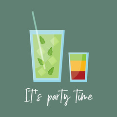 Two glasses of summer cocktails and an inscription it's party time. Cute trendy illustration for invitation to the party, design of bar.