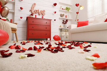 Cozy living room decorated for Valentine's Day, ground level view