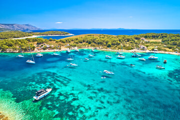 Fototapeta na wymiar Pakleni otoci Marinkovac island turquoise bay yachting destination aerial view, Hvar island