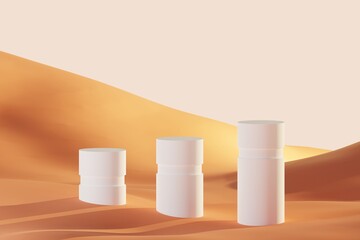 White geometric podiums on the sand in the desert sunset. Terracotta background 3d illustration