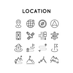Location and Route. Set of vector icons on theme of Travel. It is made in simple style isolated on white background.