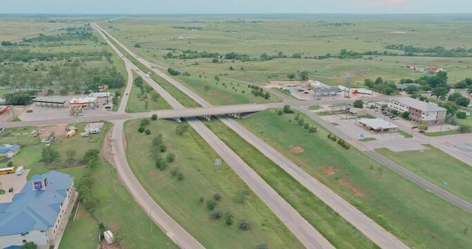04 JULY 2021 Clinton Oklahoma USA: Overlooking view of a small town a Clinton in the highways, US Rte 66 interchanges of Oklahoma US