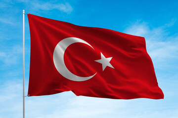 Turkey flag waving in the blue sky. 3D illustration. 3D Rendering.