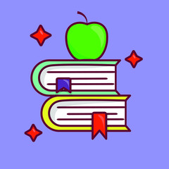 Cartoon flat vector illustration of books with apple. 