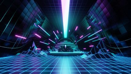 3d abstract neon background, geometric background with polygonal structure, cyber space virtual reality, Podium show products, place for product, colored neon lights, retro sci-fi style © AnuStudio