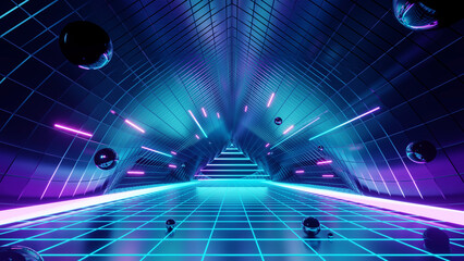 3d abstract neon background, geometric background with polygonal structure, cyber space virtual reality, Podium show products, place for product, colored neon lights, retro sci-fi style © AnuStudio
