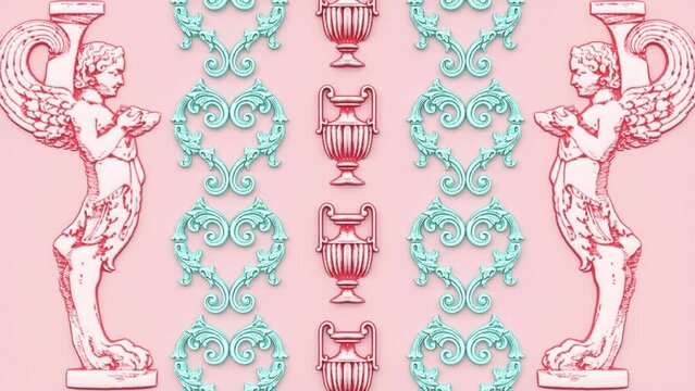 Decorative floral baroque ethnic ornament, renaissance retro antique vintage pattern, victorian elegant damask background, pink love heart holiday nature Valentine day wallpaper with sculpture