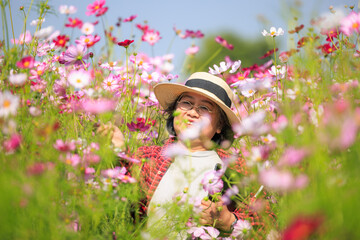 Senior woman wearing plaid shirt and hat with tablet on holding hand walking relax and happily in the her beautiful cosmos flower garden