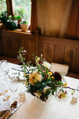 Festive table setting in the restaurant. Luxury catering at celebrations.