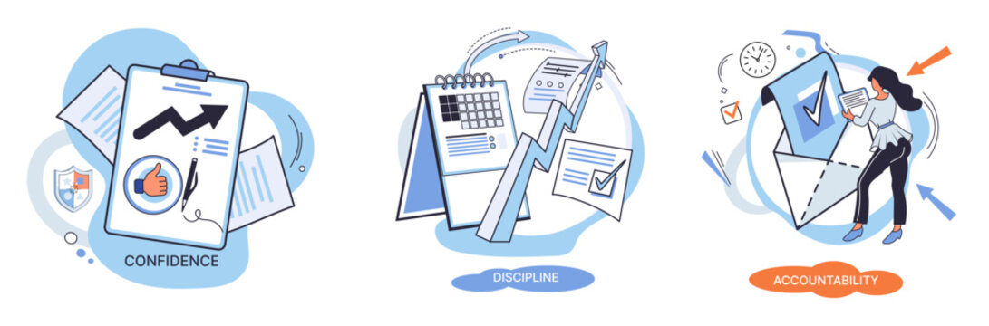 Personal quality concept creative metaphors set. Confidence, accountability and discipline, mental strength, psychological flexibility, decision making, leadership role, personal development