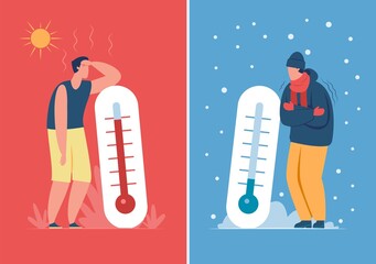 Male character in hot and cold weather with outdoor thermometer. Person sweating or freezing, summer vs winter season vector illustration. Extreme weather conditions, outside temperature - obrazy, fototapety, plakaty