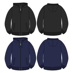 Hoodie. Technical fashion flat sketch Vector template. Cotton fleece fabric Apparel hooded sweatshirt illustration black, Navy color mock up. Clothing outwear jumper Front, back. Men, unisex top CAD.