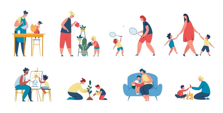 Mother and child spend time together, mom and daughter cooking, painting. Mothers and sons reading, playing, family activities vector set. Motherhood concept, family leisure activities