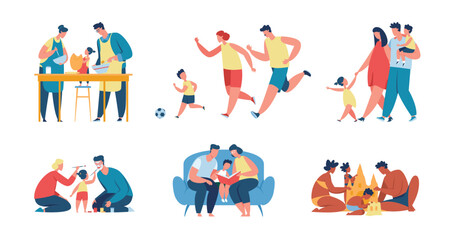Happy parents and kids spending time together, family activities. Father, mother and child cooking food, playing, reading books vector set. Characters having recreation and fun, doing sport