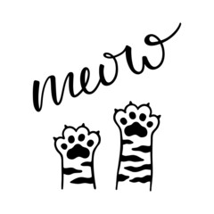Handwritten inscription "meow" and paws of a cat. Black vector illustration isolated on a white background.
