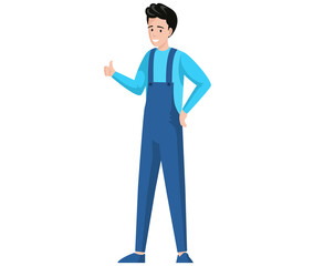 Man in pants with suspenders shows thumb up. Sign cool, gesture of approval. Smiling guy stand with raised hand. Positive male character showing gesture vector illustration. Like, nice, cool, thumb up