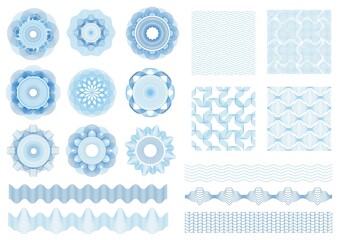 Guilloche rosettes, borders, seamless patterns, money watermarks. Guilloches elements, banknote and certificate security watermark vector set. Abstract shapes for legal documents protection - obrazy, fototapety, plakaty