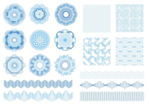Guilloche rosettes, borders, seamless patterns, money watermarks. Guilloches elements, banknote and certificate security watermark vector set. Abstract shapes for legal documents protection