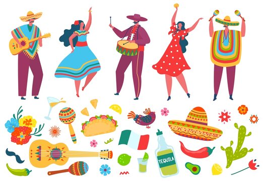 Cinco de mayo fiesta elements, mexican people in traditional clothes. Mexico festival celebration, mariachi band, sombrero, guitar vector set. Men and women with musical instruments