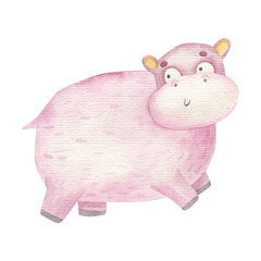 pink hippopotamus, cute isolated baby watercolor illustration, design, print