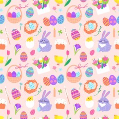 Easter doodles seamless pattern with bunny, painted egg and flowers. Cute chicks, eggs in basket, blossoms, spring holiday vector texture. Festive objects, adorable animals flat fabric