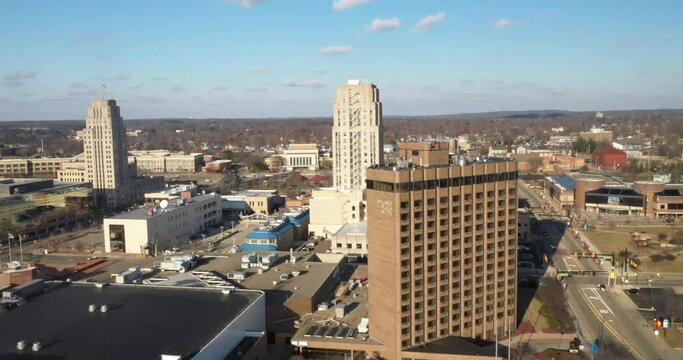 Downtown Battle Creek, Michigan skyline drone video moving sideways.