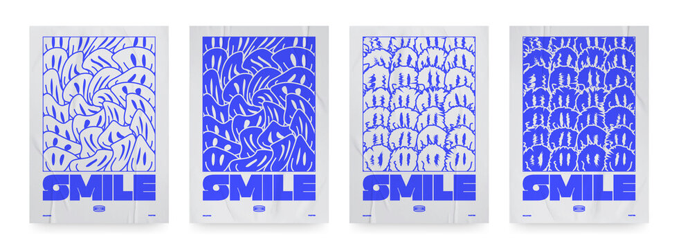 Collection of modern minimalistic abstract posters with trip smile. In Acid style, paper texture poster for your projects