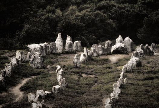 Carnac, Brittany, France. The Kermario group of prehistoric stone row alignments looking southwest toward the tallest