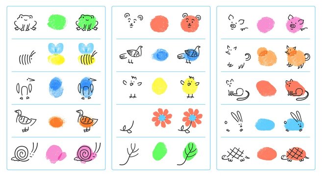 Easy fingerprint animals for kids, finger paint art game. Painting with fingers cat, snail, bee, preschool educational activity vector set. Kindergarten learning activity for children