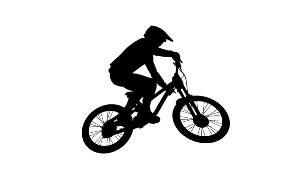Downhill Mountain Biker Jumping Bicycle. Very Clean File. Image Is One Single Vector Shape.