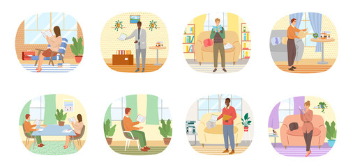 Reading people flat character set with books magazines literature isolated vector illustration. Young male and female readers dressed in trendy clothes relaxing at home with books or textbooks