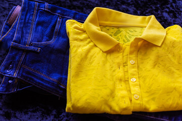  Yellow blue trend in clothes. Spring - summer collection Fashionable color of peace, close up details 