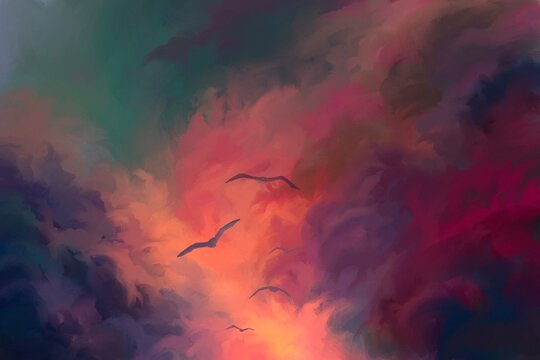 Birds in the fiery sky. Digital illustration.
