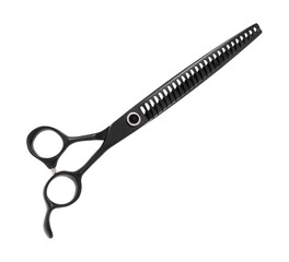 Scissors for cutting people and pets. Grooming scissors. Closed scissors on a white isolated background. Side view.