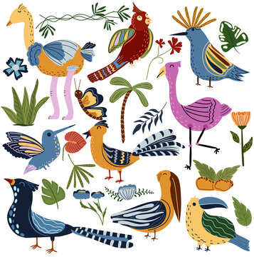 Collection of jungle birds and exotic tropical leaves. African birds, flamingo, ostrich, toucans, hummingbird, Hoopoe, pheasant.Vector illustration