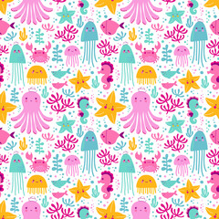 Seamless pattern with octopuses, jellyfishes, seahorses, fishes, starfish and corals. Vector background for childish theme.