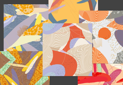 Seamless Pattern Set with Organic Grunge Textured Overlapping Oval Wavy Shapes and Lines