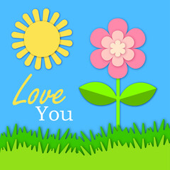 greeting card with green grass , pink flower and sun