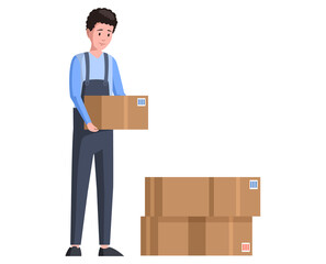 Working in transport company. Moving service concept. Service delivery, relocation. Man stacks heavy boxes, containers with labels. Loader shifting box for transportation isolated on white background