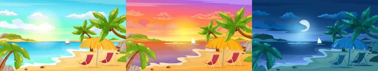 Beach landscape at night, tropical island sunset scene. Summer holiday vacation, sunny summertime seascape with palms vector illustration. Seascape with deck chairs and umbrella for rest