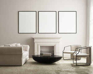 mock up poster frame in modern interior background, living room, Scandinavian style, 3D render, 3D illustration