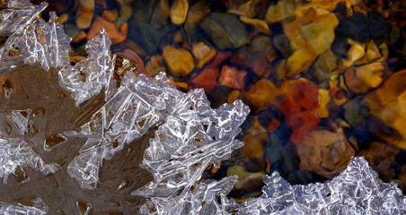 Frozen Ice on Creek with Stones Rocks Wet Wilderness