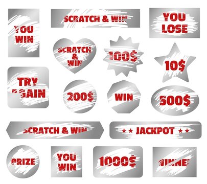 Silver scratchcard, scratch and win game, instant lottery tickets. Jackpot winner scratching cards, gambling ticket elements vector set. Erased surface with try again, prize and you lose text