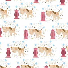 cute dog pattern walking among flowers. pattern For valentine, print, 
packaging, decoration, wallpaper and design, case phone, bed cover, pajamas, child pajamas