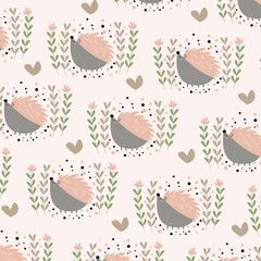 cute hedgehog pattern with flowering grass. pattern For valentine, print, 
packaging, decoration, wallpaper and design, case phone, bed cover, pajamas, child pajamas