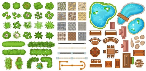 City park top view landscape elements, trees, pathways, benches. Bushes, fences, paths, ponds for garden landscaping design vector set. Wooden furniture, green plants for decoration