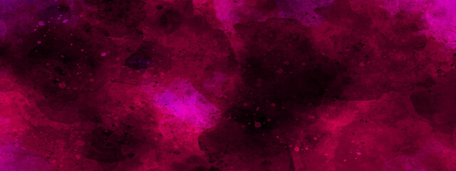 Abstract night sky space watercolor background with stars. Watercolor dark red-pink nebula universe. Watercolor hand-drawn space galaxy illustration. Pink watercolor ombre leaks and splashes texture.