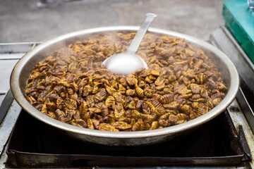 Beondegi snack food sold in Seoul market. Beondegi are steamed or boiled silkworm pupae which are...