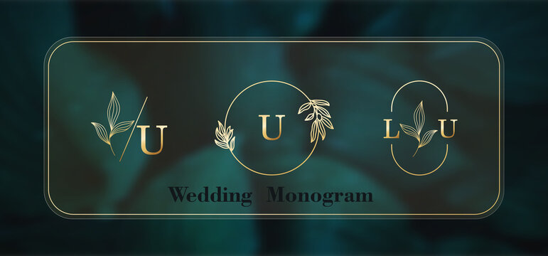 U letter banner. Minimalism design. Botanical background. Wedding monogram. Graphic alphabet symbol for corporate business identity. Vector line icon for Business and Advertising letter banner